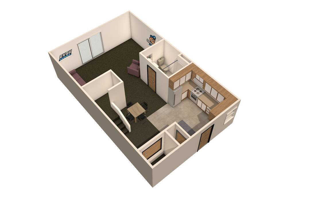 1st floor style of Laker Village 4 bedroom apartment with a kitchen, living room area, and closet.